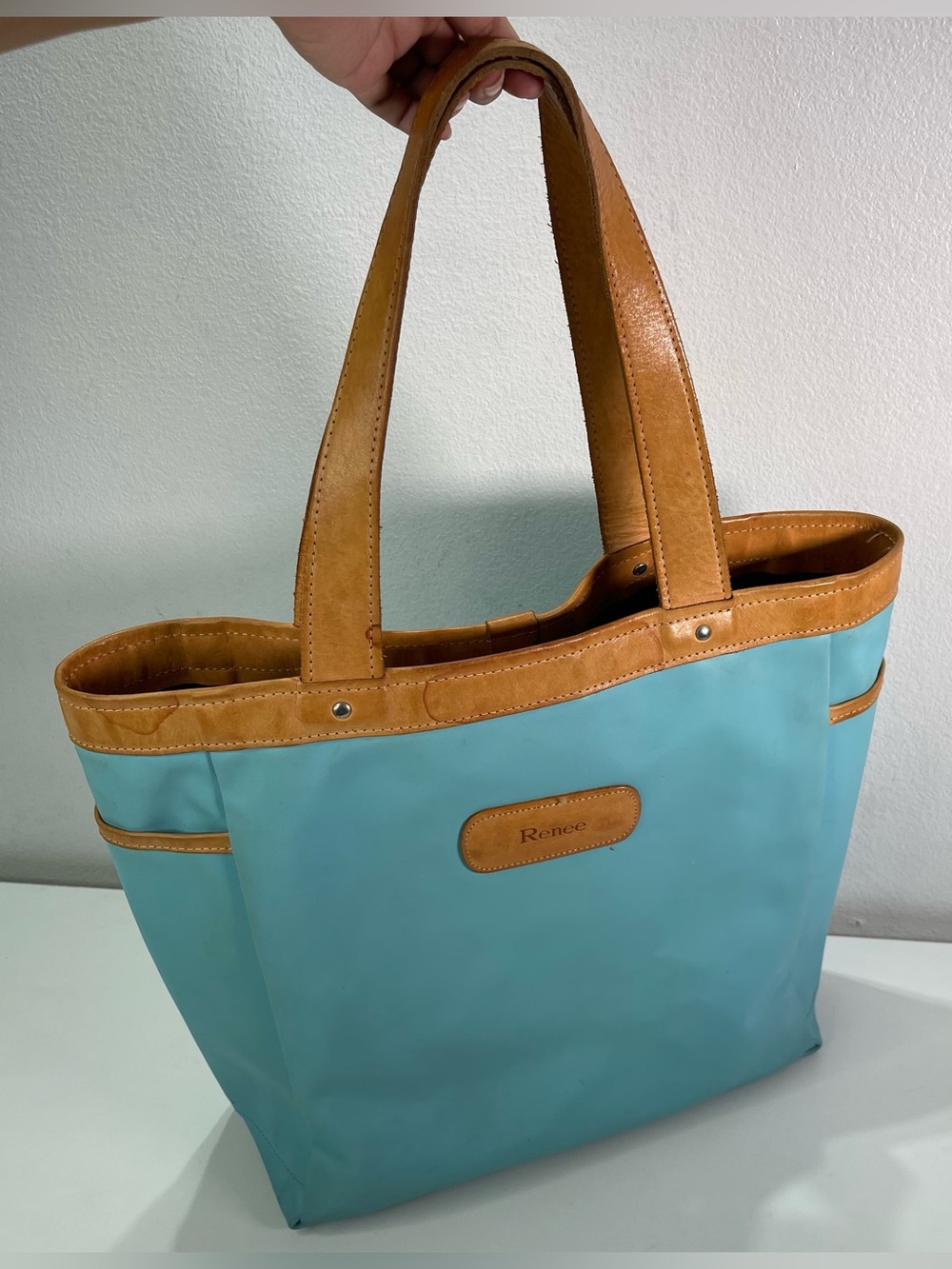 Jon Hart Design Turquoise Tote Bag Vinyl Leather Double Handle 14'' Side Pockets